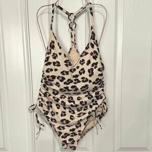 Kona Sol Leopard‎ Print One Piece Swimsuit V-Neck Y-Back Rings Medium